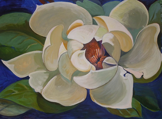 white lily flower with orange center, cupped petals and green leaves, floating on blue background