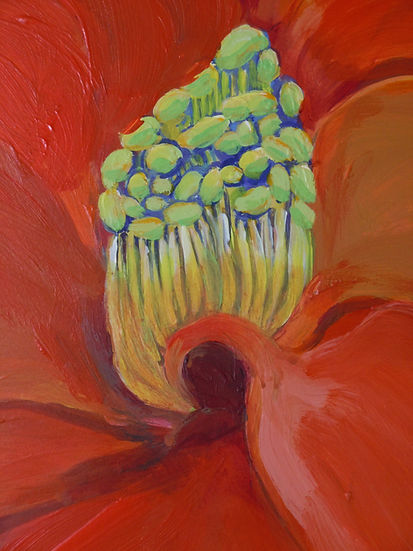 detail of red flower with light green center stamen