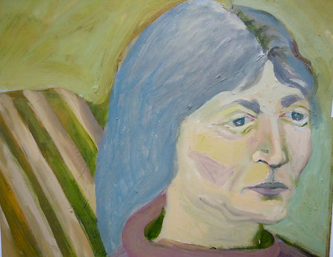 portrait of older woman, gray hair, small face, against striped chair and yellow-green background