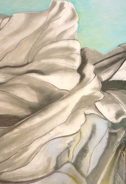 Detail of dry light-colored leaves on blue-green background, colored pencil drawing