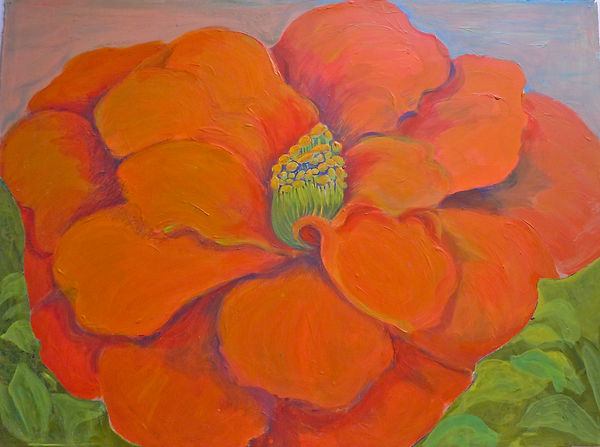 large orange flower with green and yellow center and green leaves on light blue background, acrylic painting