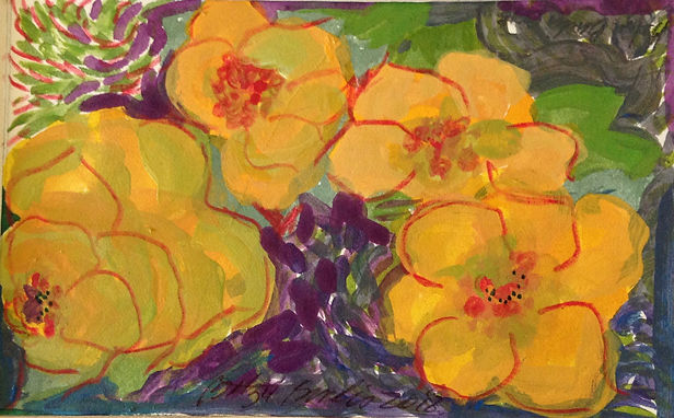small orange flowers with red outline and purple-green background, water color on paper