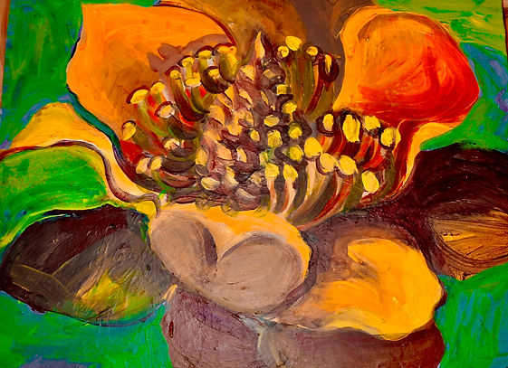 colorful yellow and orange flower on green background, acrylic painting