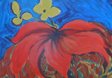 Wilting red flower on bright blue background with small lime-colored flowers, acrylic painting