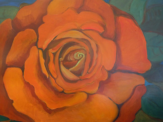 large orange rose, facing upwards with green highlights on center bud, acrylic painting