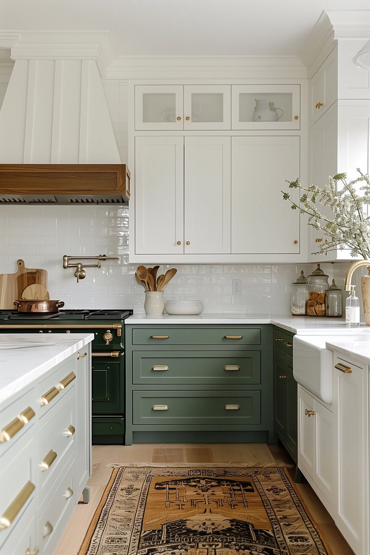Two-tone kitchen cabinets, white and green