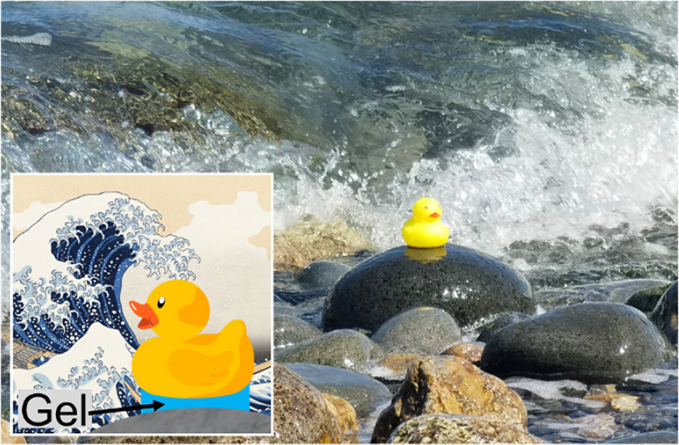 A photograph of a rubber duck adhered to a seaside rock using novel hydrogel technology withstanding repeated ocean tides and wave impacts. (Photo: WPI-ICReDD)
