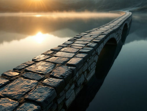 A narrow stone bridge crossing still water at dawn, a way across that leaves everything beneath it undisturbed