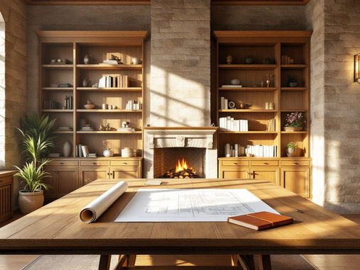 A sunlit architect's study with a drafting table and rolled plans in an elegant, solidly built room, suggesting a rebuilt plan.