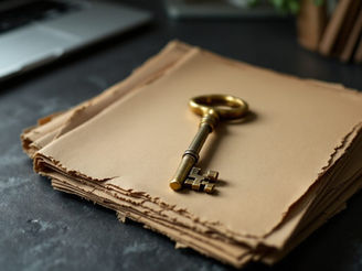 A heavy brass key resting on a stack of worn manila client folders on a dark desk in cool window light