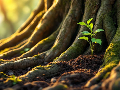 Macro view of a mature tree's roots and a young sapling beside it, suggesting one generation preparing the next.