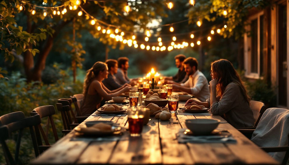 A long table set for a shared meal in warm evening light, the kind of gathering steady giving quietly makes possible.