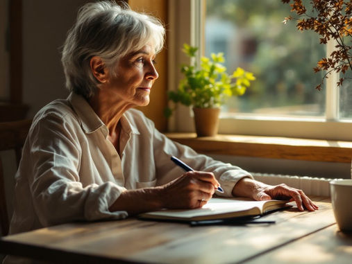 A woman at a kitchen table in early morning light, pen resting over an open notebook, paused mid-thought