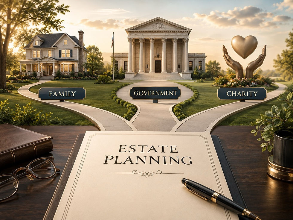 Three estate planning paths labeled family, government, and charity, showing how thoughtful planning directs wealth toward loved ones, taxes, or charitable impact.