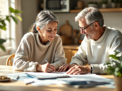 A couple sitting together at a sunlit kitchen table, reviewing estate planning papers in an unhurried, thoughtful moment.