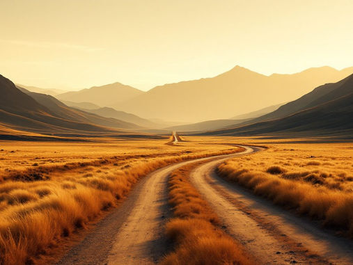 A wide dawn landscape where a single valley road splits into two routes running toward the same distant ridge