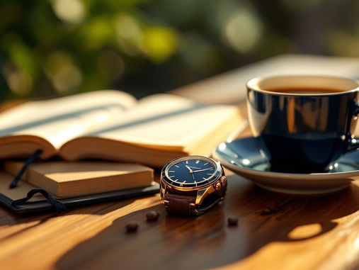 A still life of a watch, a journal, and a cup of coffee in warm morning light, suggesting time that is meant to be enjoyed.