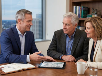 Three professionals sit at a conference table in a bright office, discussing charitable giving options while reviewing a decision-tree diagram on a tablet.