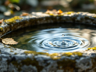 Morning light on a stone basin brimming at the rim, a quiet image of water that only spills once it clears the edge.