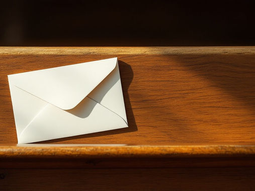 A plain sealed envelope with no name or address resting on the worn grain of an old wooden pew