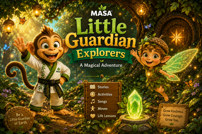 Illustrated cover for the MASA® Little Guardian Explorers program featuring Kiki the Monkey™ and Pip the Acorn Sprite in a magical forest with the Guardian Tree and a glowing Earth Constellation Crystal, introducing a character-building adventure for children aged 3–4.