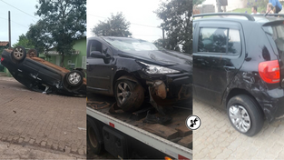 Carro capota após colisão na Emiliano Carpes