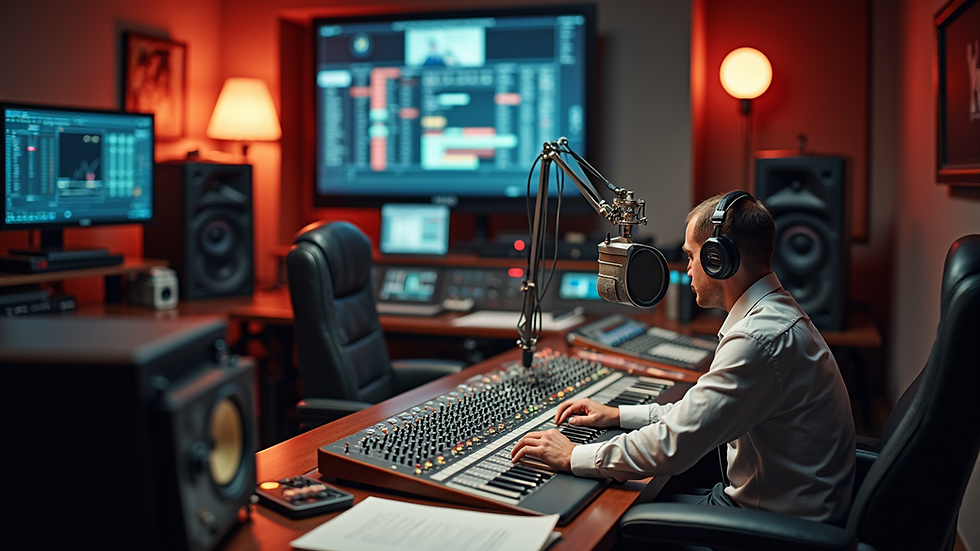 High angle view of a radio station control room with sound mixing equipment