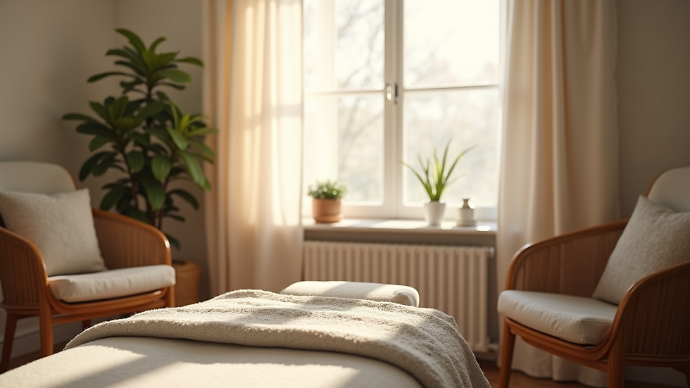 Eye-level view of a cozy therapy room with a comfortable chair and soft lighting