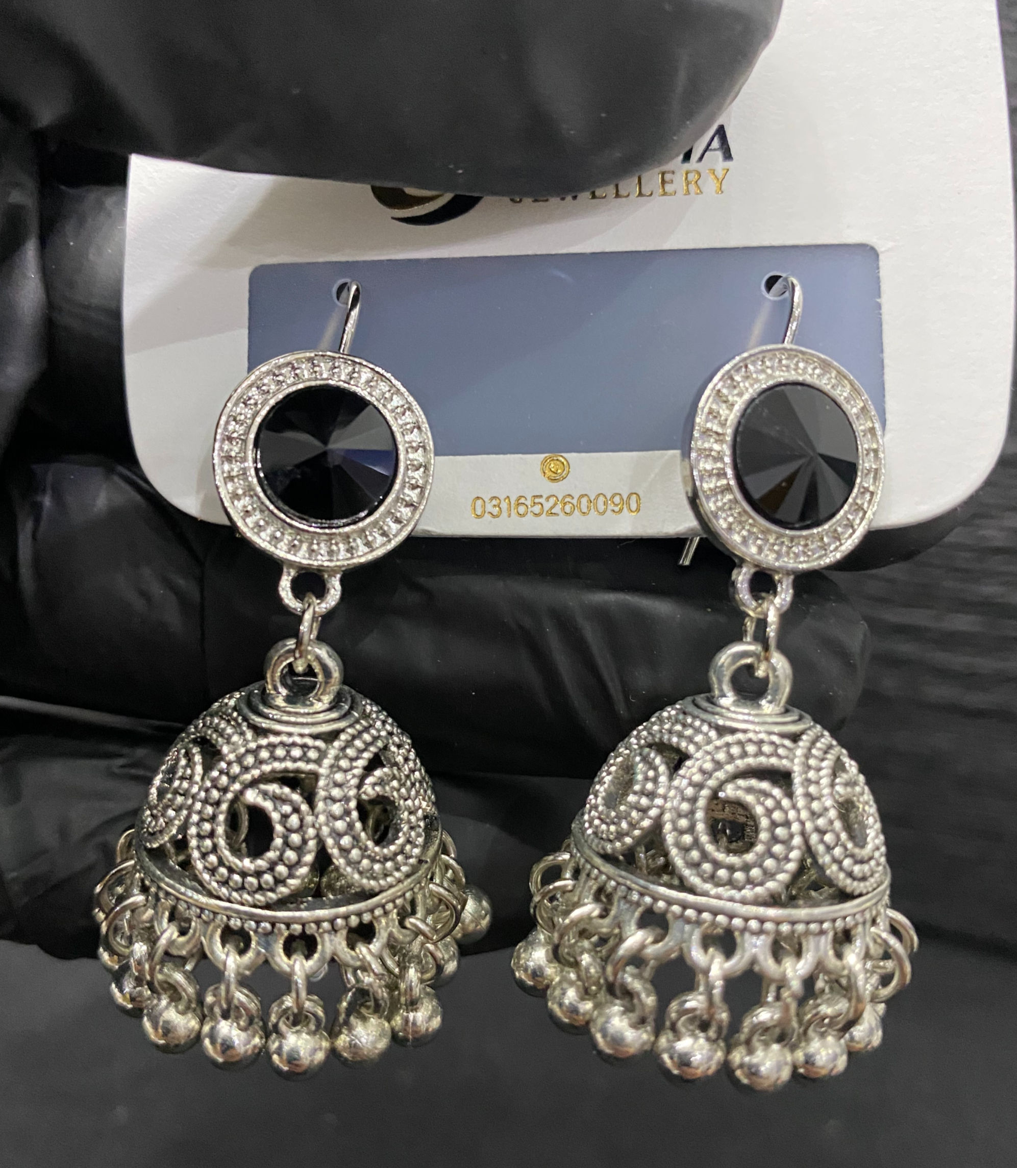 Oxidized Silver & Black Stone Jhumka Earrings