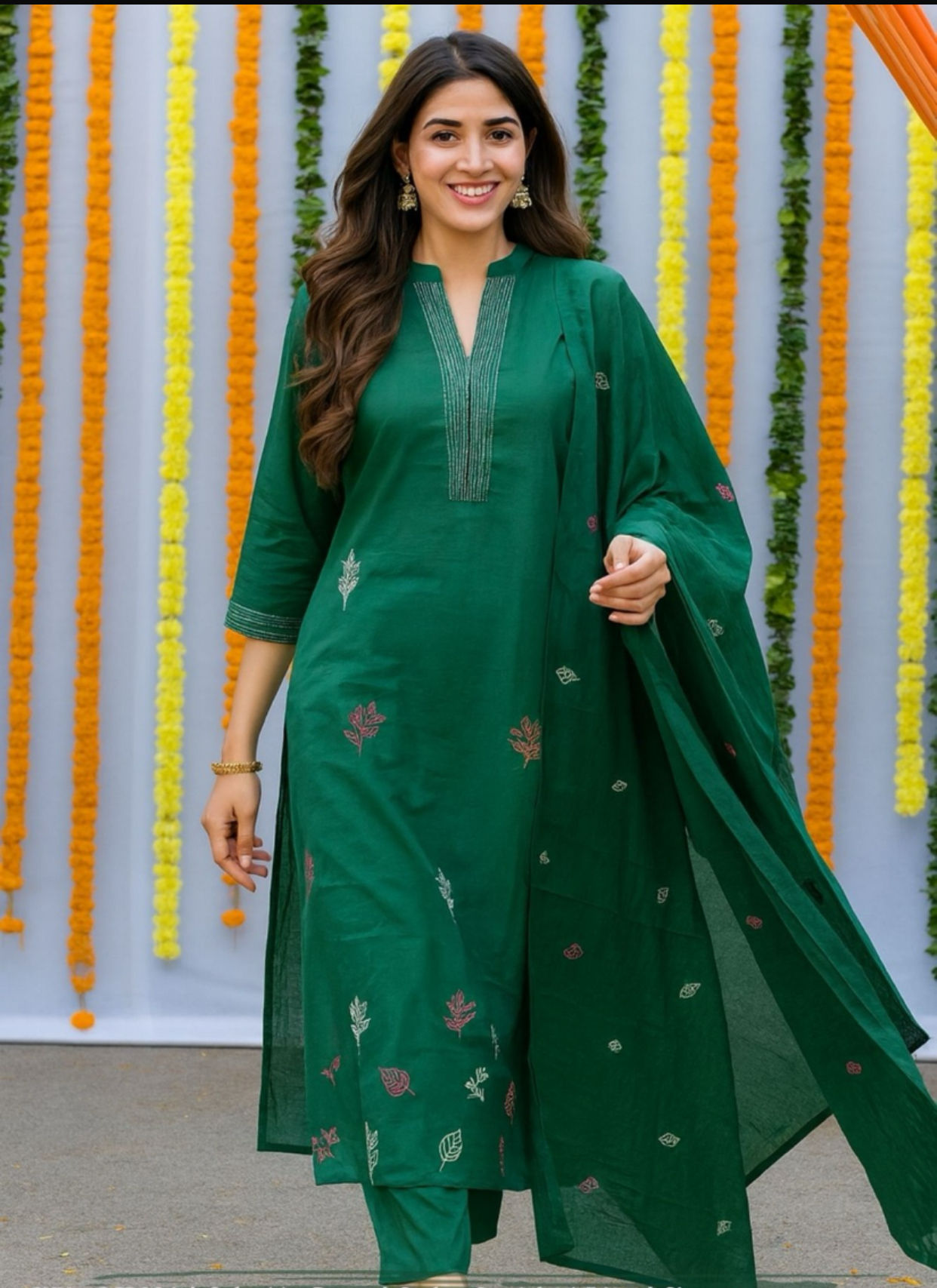 Elegant Green Cotton Kurta Set with Dupatta