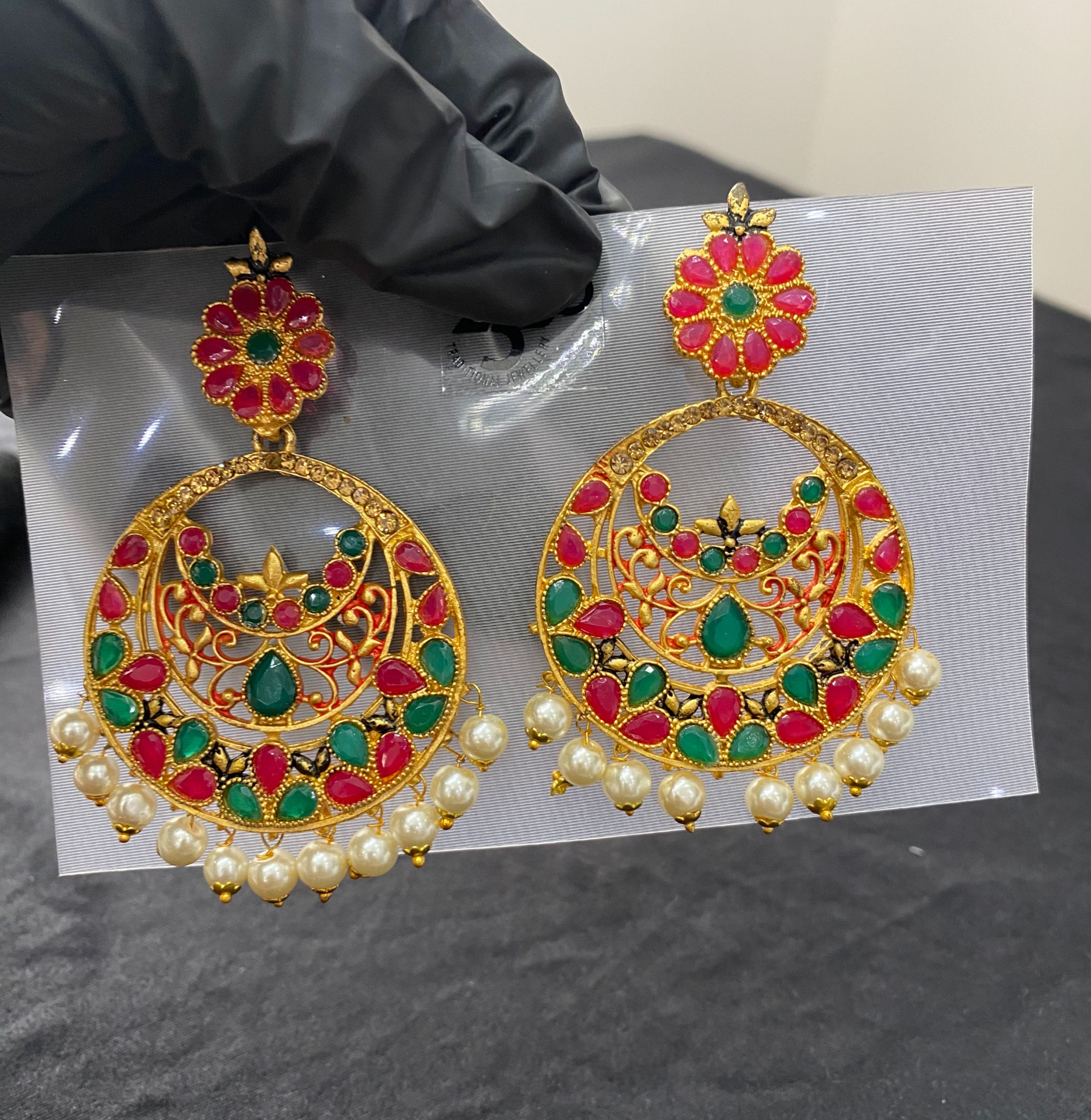 Floral Ruby & Emerald Chandbali Earrings