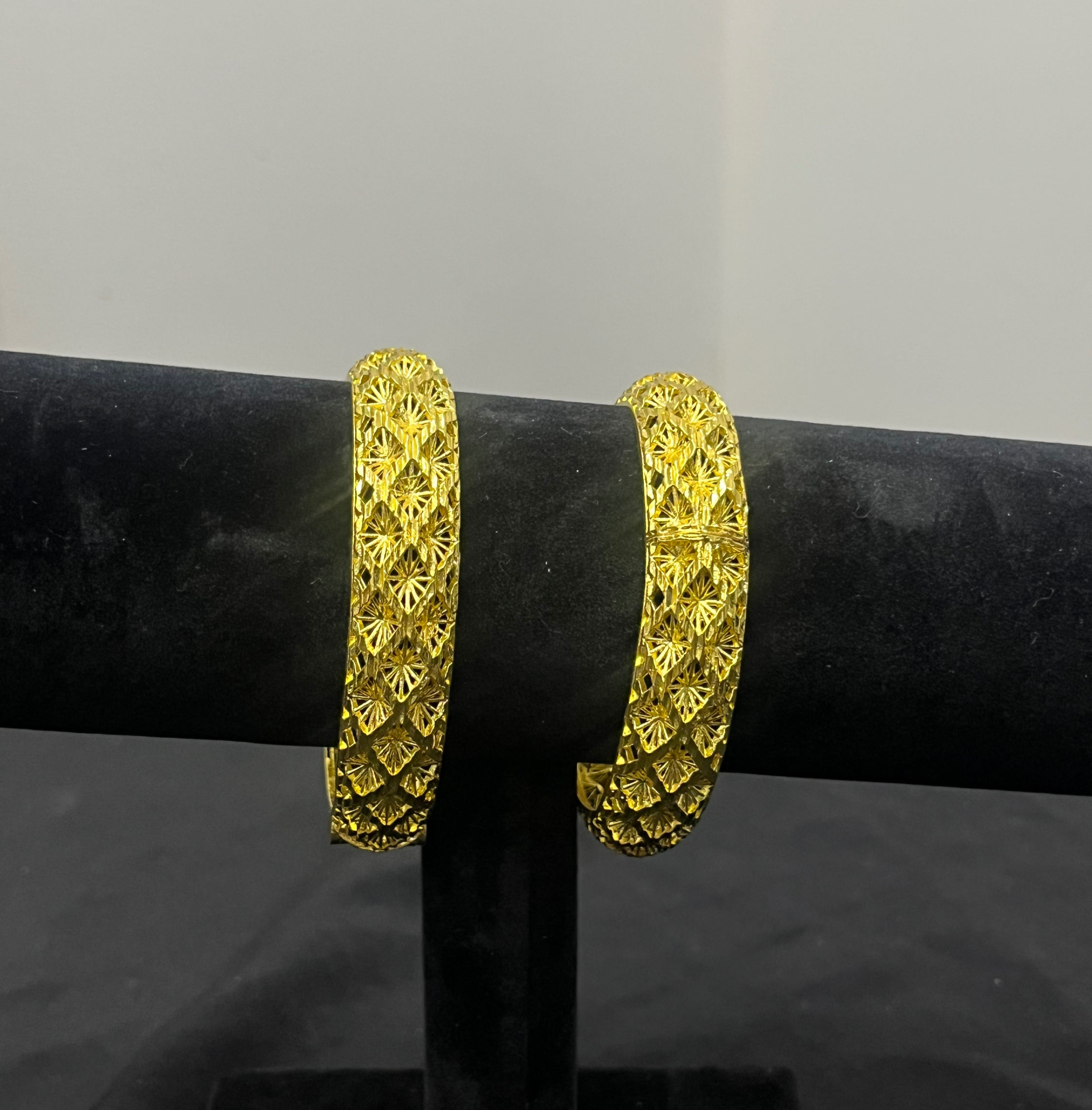Wide Gold Bangle Bracelets with Intricate Diamond-Cut Filigree Design, size 2.6.