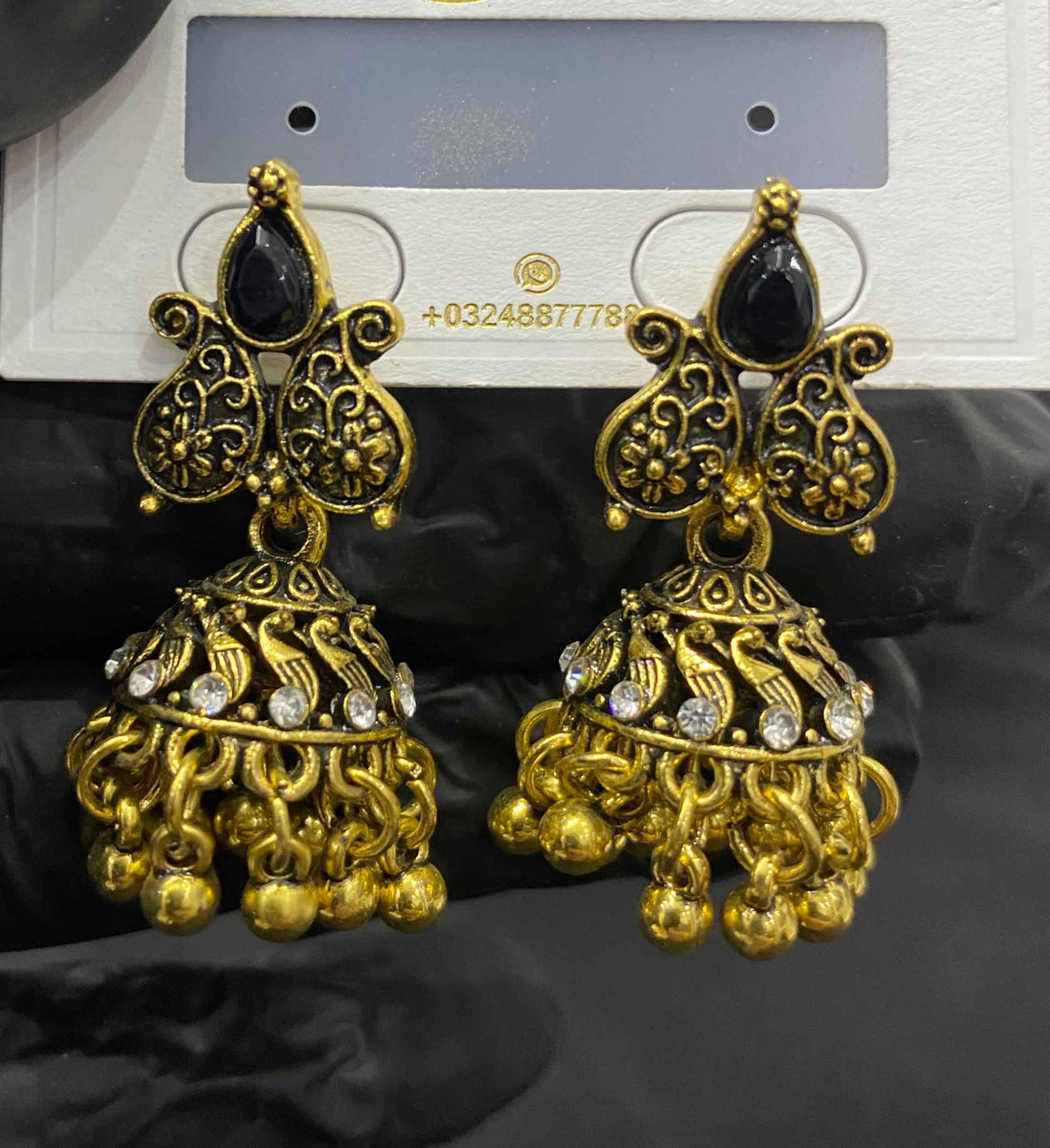 Antique Gold & Black Stone Peacock Jhumka Earrings 🖤✨