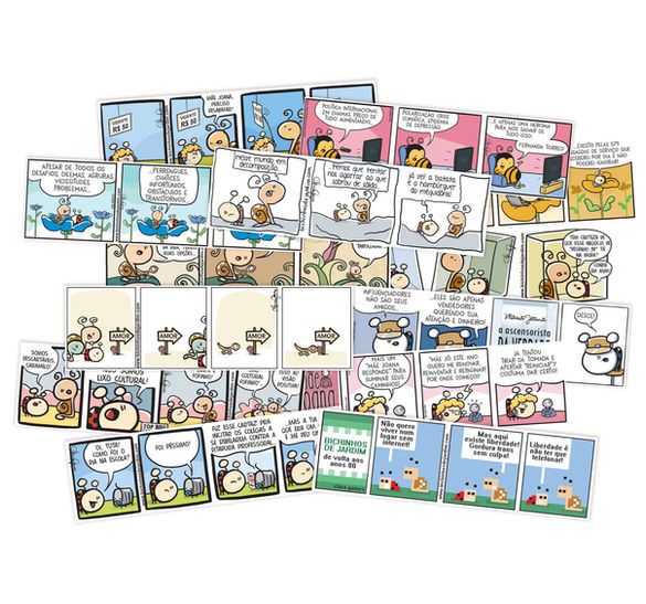 Tirinhas dos Bichinhos sobrepostas em uma montagem alegre e divertida.