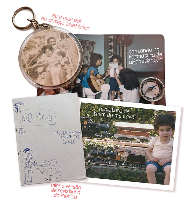 Uma montagem fotográfica com itens antigos de Clara. Um chaveiro redondo de acrílico onde aparece Clara criança e seu pai, em um antigo teleférico de Petrópolis. Uma foto de Clara criança, aos seis anos, em cima de um banco, em uma escola, de frente para o microfone, onde cantou para a turma na formatura da alfabetização. Uma imagem de um pequeno livreto artesanal desenhado com traços infantis, feito por Clara na infância, que reproduzem uma capa de revistinha da turma da Mônica. A última imagem da montagem é uma fotografia de Clara na infância ao lado do trem em miniatura feito por seu avô Permínio.
