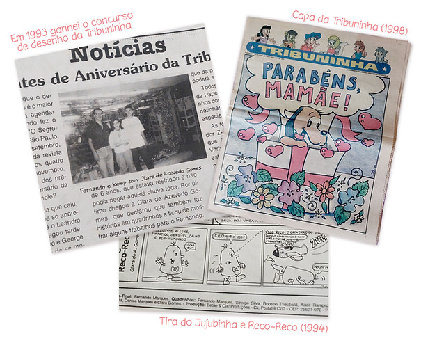 Trechos de jornal onde aparecem Clara, quando iniciou no jornal, assim que ganhou o concurso da Tribuninha; Uma capa da Tribuninha desenhada por Clara com o cachorro Reco-Reco desenhado dentro de uma caixa de presentes, em homenagem ao dia das mães.