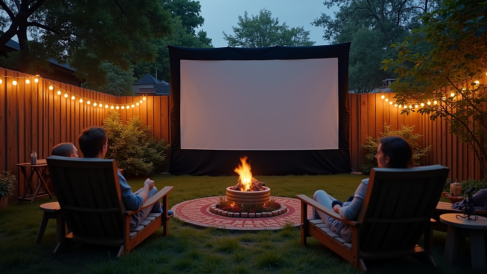 High angle view of a backyard movie setup with a screen and seating