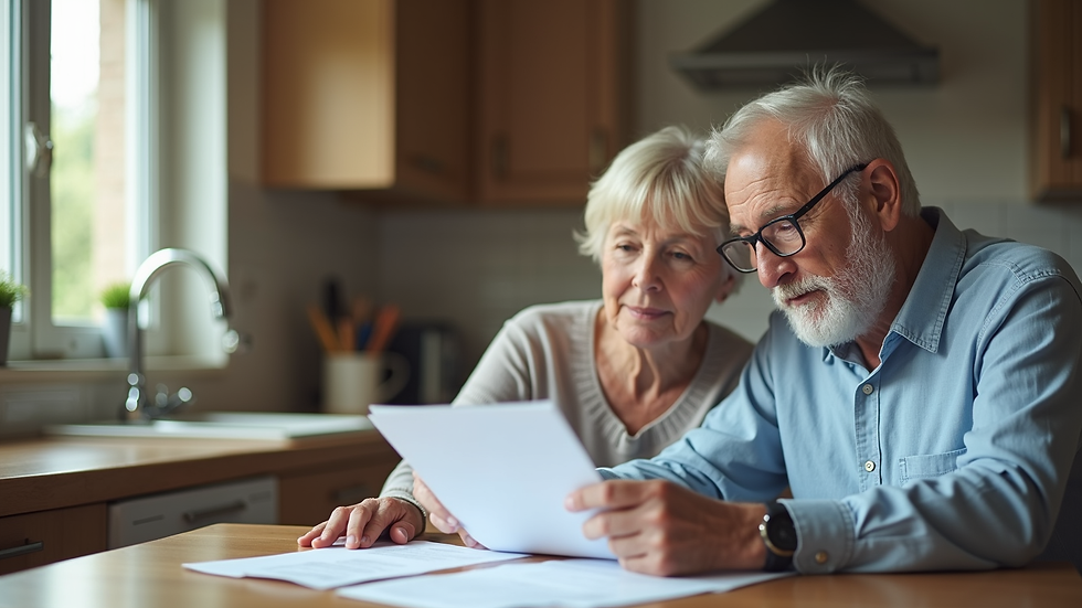 Eye-level view of a senior couple reviewing Medicare documents at a kitchen table