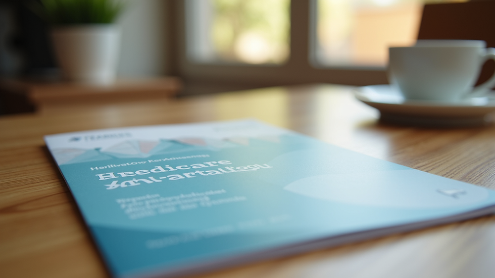 Eye-level view of a Medicare Advantage plan brochure on a wooden table