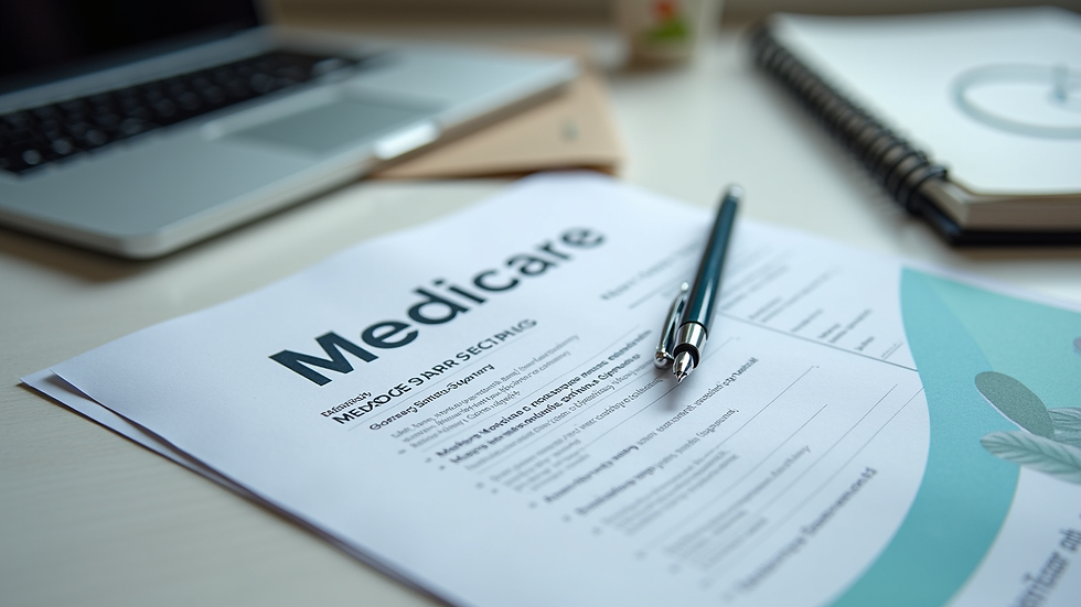 High angle view of a desk with Medicare brochures and a pen ready for signing documents