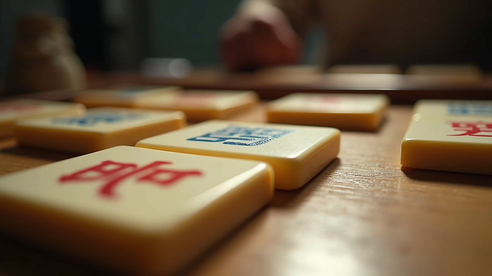 Eye-level view of a Mah Jongg set with colorful tiles