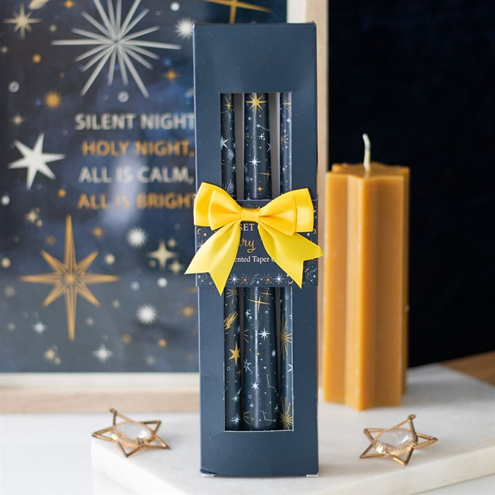 Set of three navy and gold starry night taper candles – celestial festive décor gift set