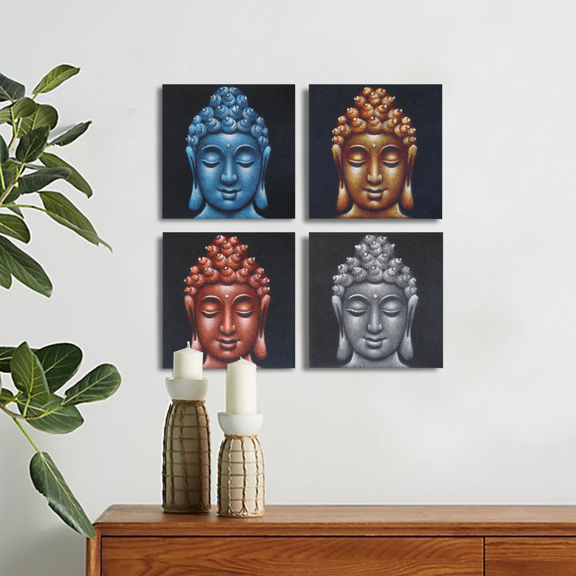 Set of four Buddha head wall art panels with textured sand detail in blue, gold, copper and silver tones