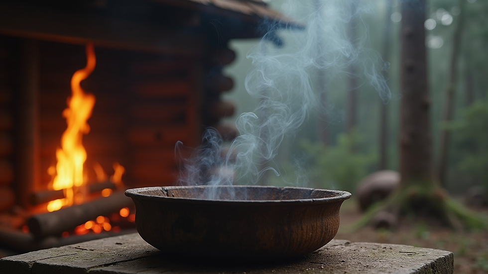 Eye-level view of a log cabin incense burner with smoke rising from the chimney