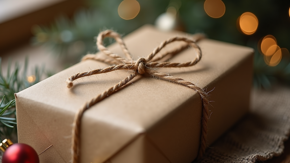 Close-up of a beautifully wrapped gift box with natural twine