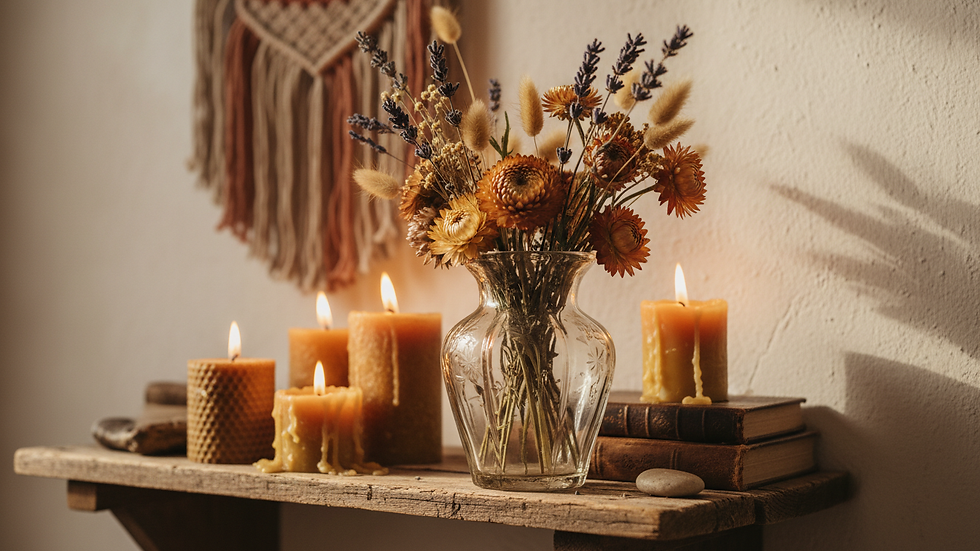 Close-up view of dried flowers in a vintage glass vase on a wooden shelf