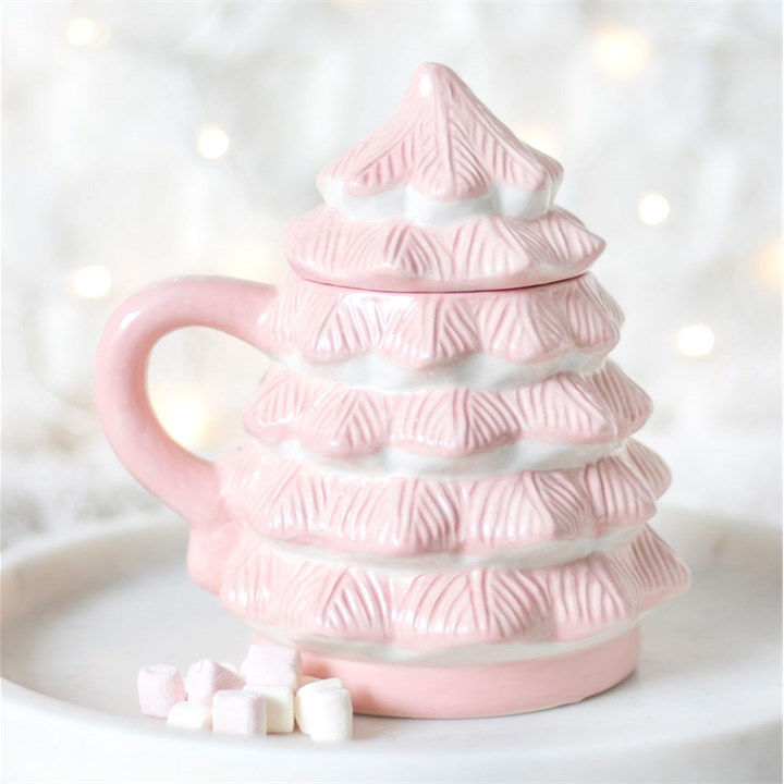 Pink Christmas tree shaped mug with removable lid