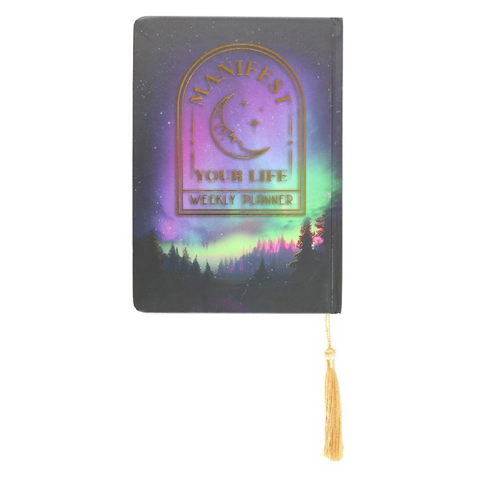 Thumbnail: A5 weekly planner with forest scene cover, gold foil moon, holographic edging and gold tassel bookmark