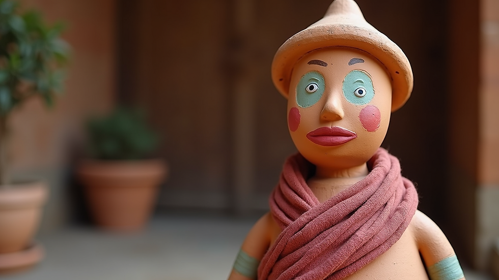 Close-up view of a terracotta pot man with a painted face and scarf