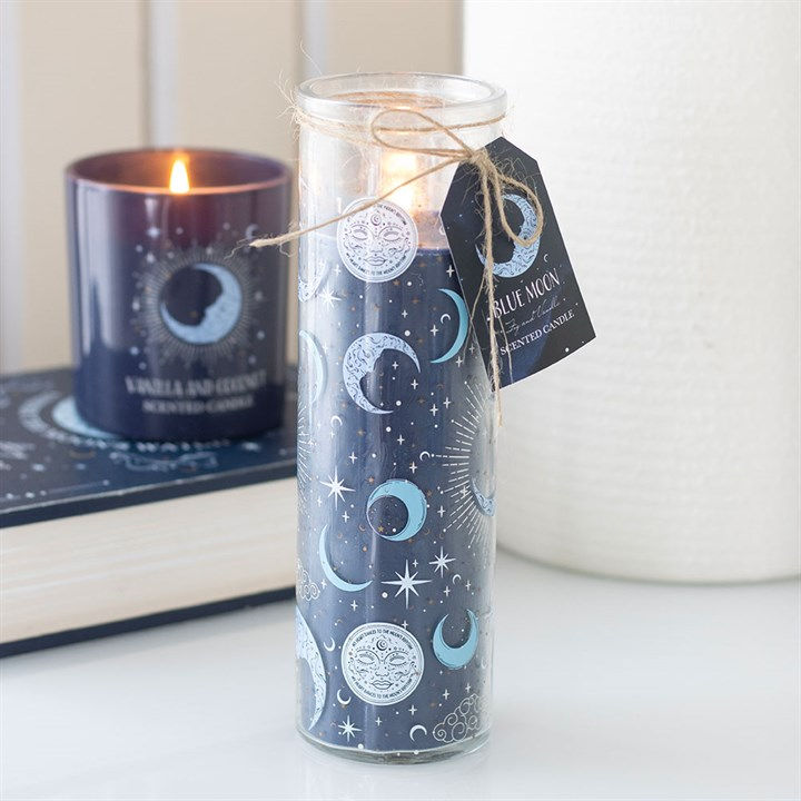 Blue moon print fig and vanilla scented tube candle with celestial design, styled for gifting